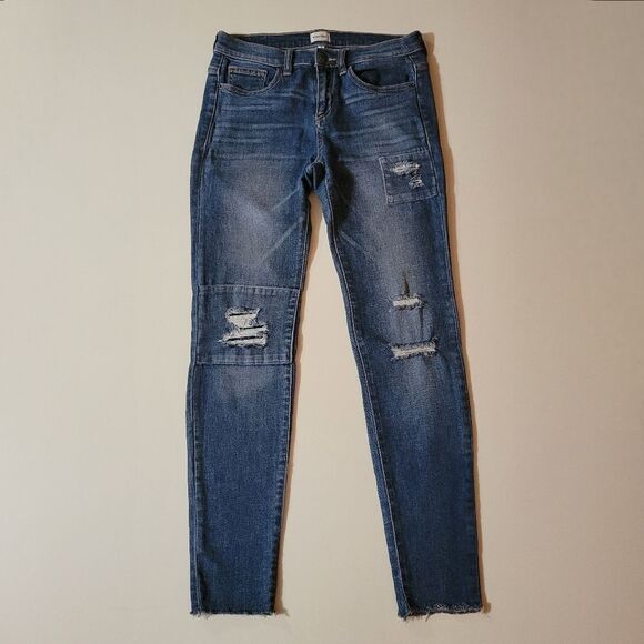 Sneak Peek Mid-Rise Distressed Patch Skinny Blue Jeans - Picture 2 of 13